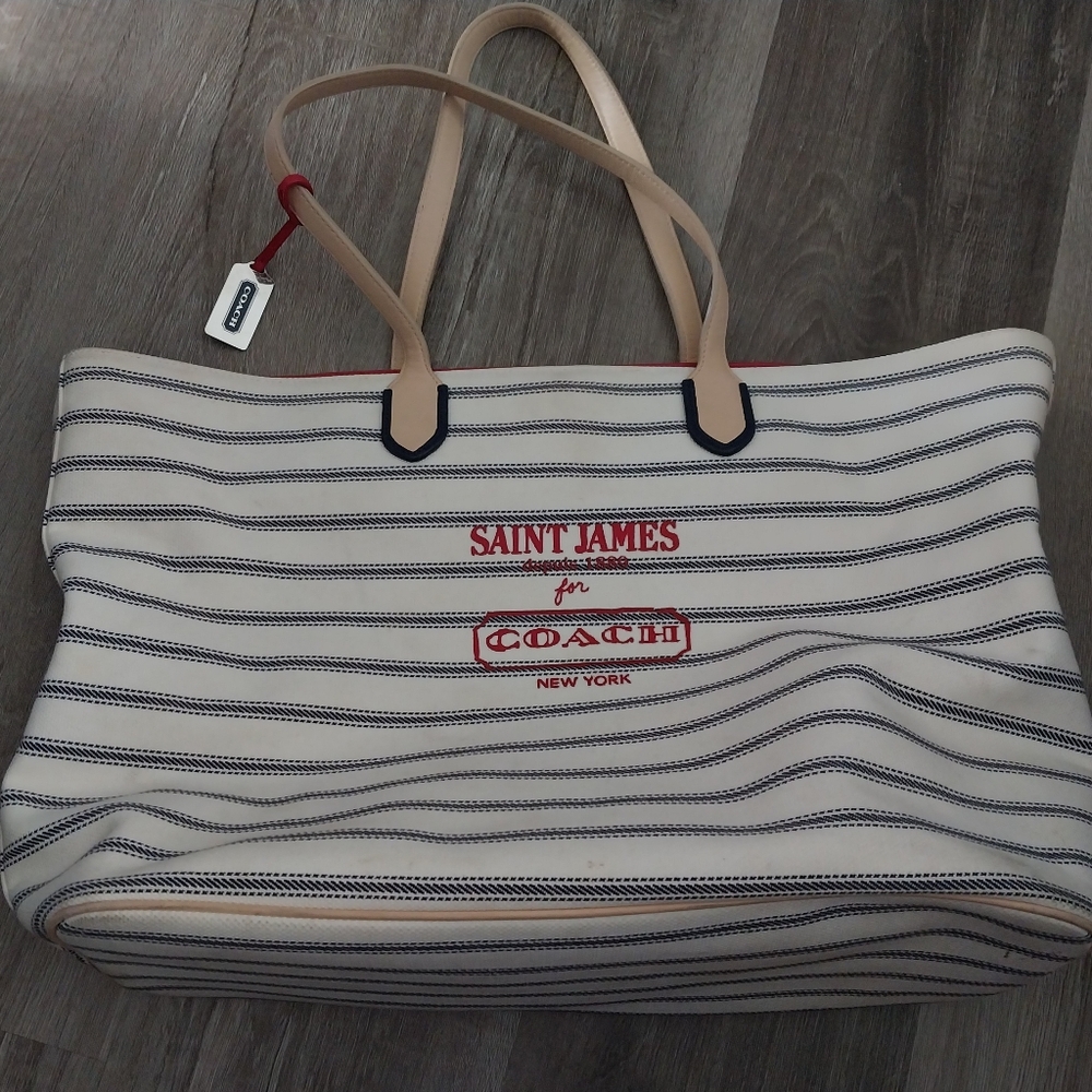 Coach "St. James" LEGACY Red Cream Blue XX Large Canvas Nautical Striped Tote - Picture 5 of 14